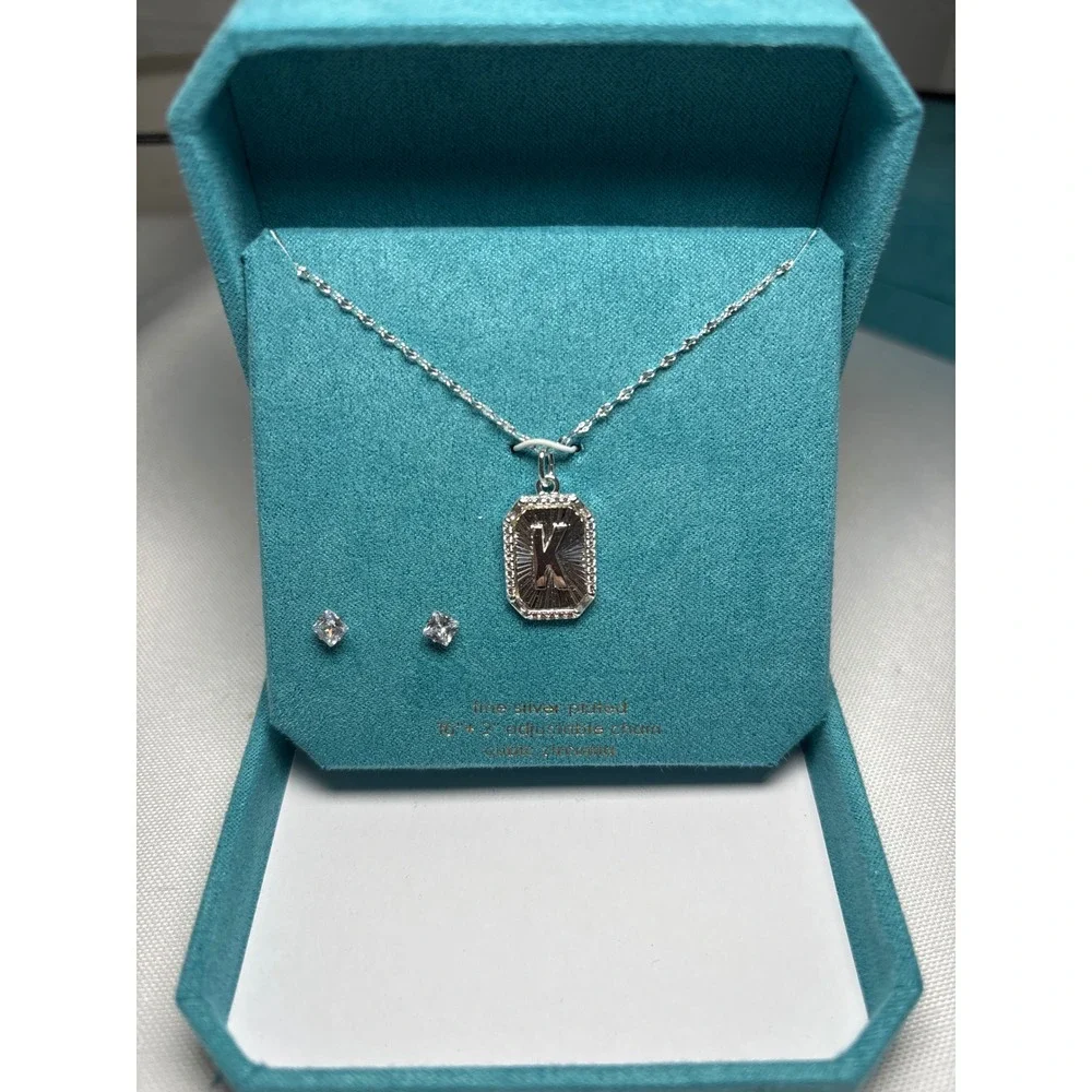 Necklace Set Silver Cubic Zirconia Initial K Spring Ring New with Tags